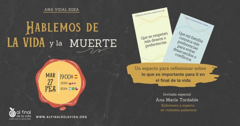 Cartel promocional del evento "Hablemos de la vida y la muerte" del 27 de Febrero de 2024